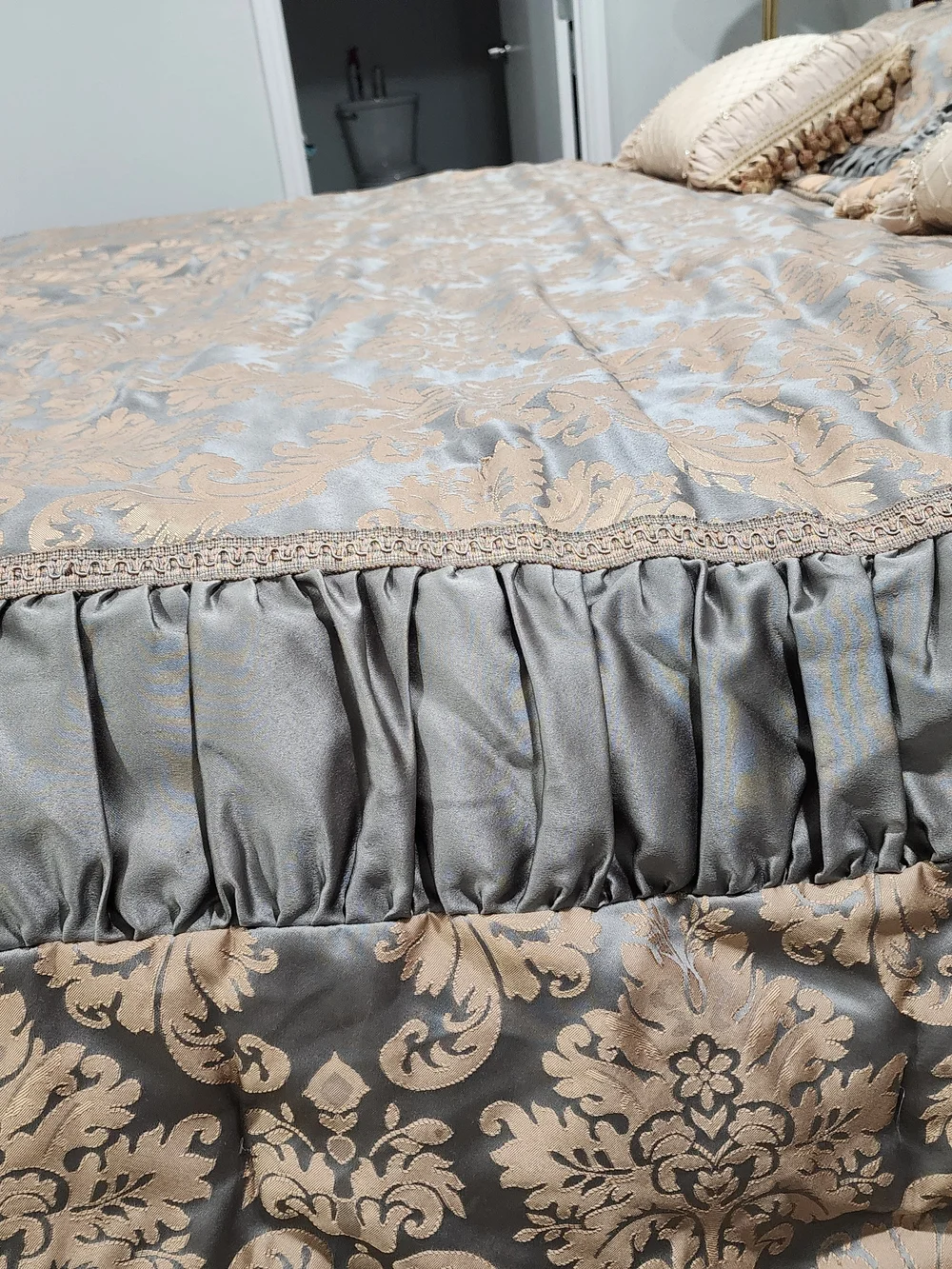 Croscill Blue and Gold Damask Comforter with Decorative Pillows